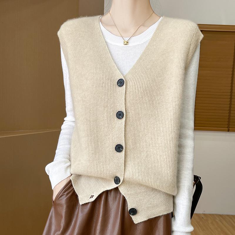 100% Pure Wool V-neck Solid Color Sleeveless Cardigan Vest - Spring & Autumn Collection