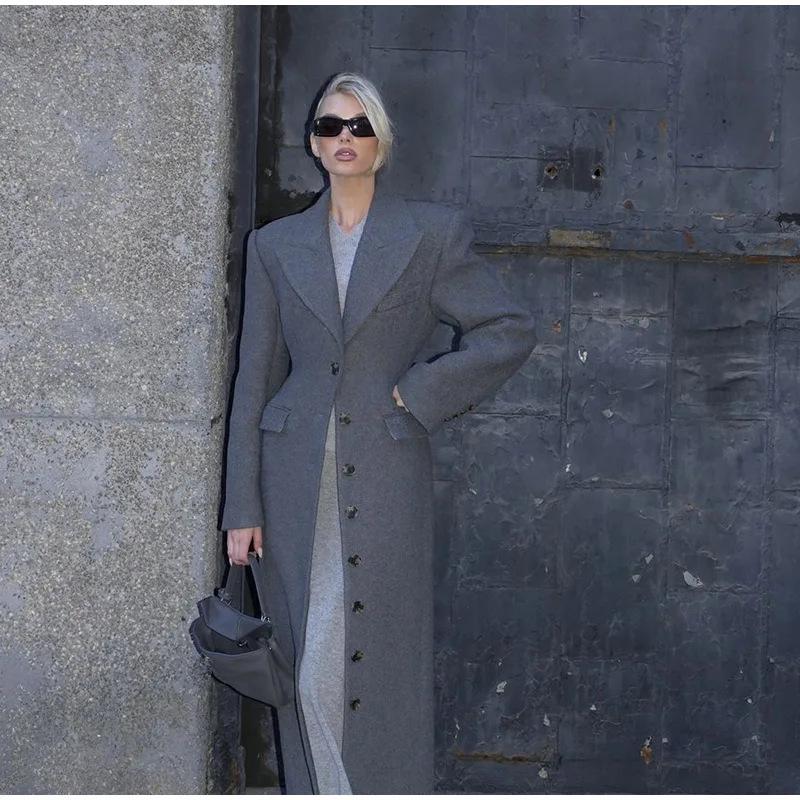 Women's Long Purple Single-Breasted Trench Coat with Notch Lapel