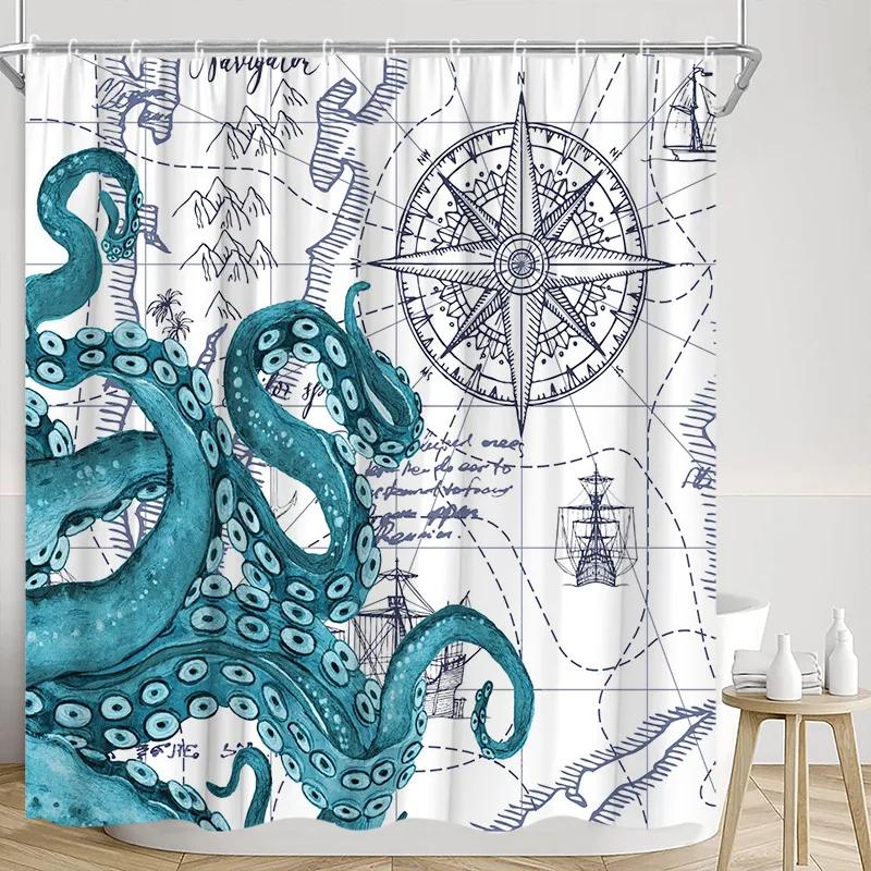 Vintage Nautical Shower Curtain Lighthouse Ship Anchor Octopus Starry Sailboat Adventure Polyester Fabric Bathroom Decor Curtain