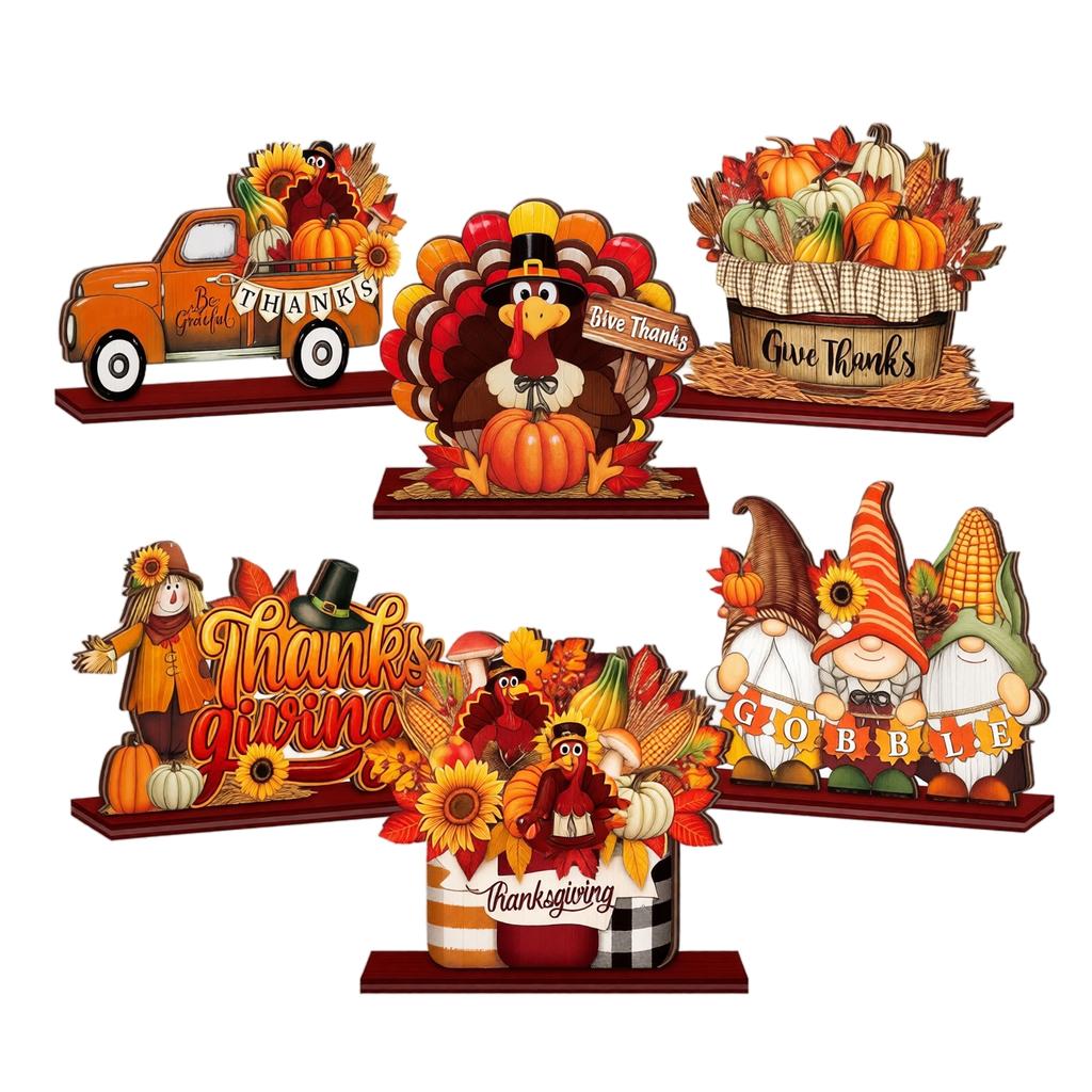 Wooden Tabletop Decor 6-Piece Set Thanksgiving Theme for Mantel Shelf Home