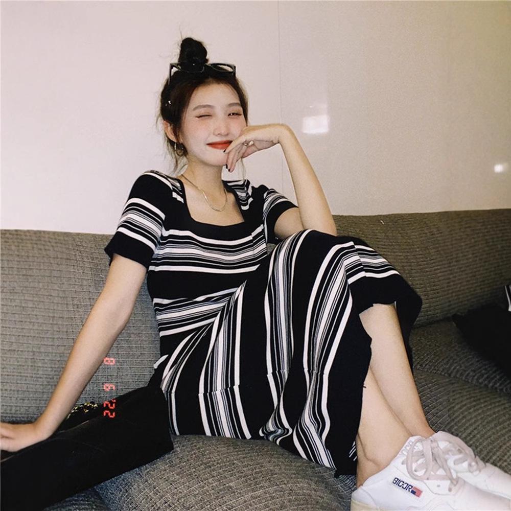 

Striped Casual Knitted Dress - Women s Summer 2025, Loose Slimming Mid-Length, Short-Sleeve Lazy Style One Size [Premium Quality]