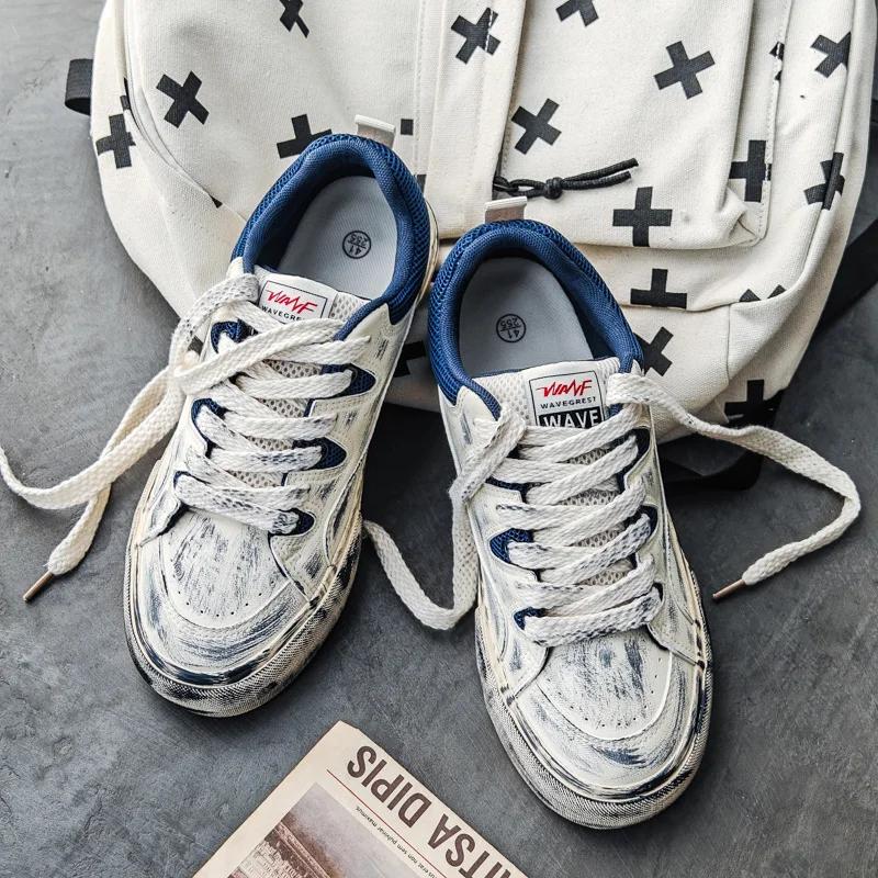 Fashion Men's and Women's Vintage Canvas Sneakers, Distressed Casual Shoes, Lightweight Non-Slip Trainers, Retro Skateboarding Shoes