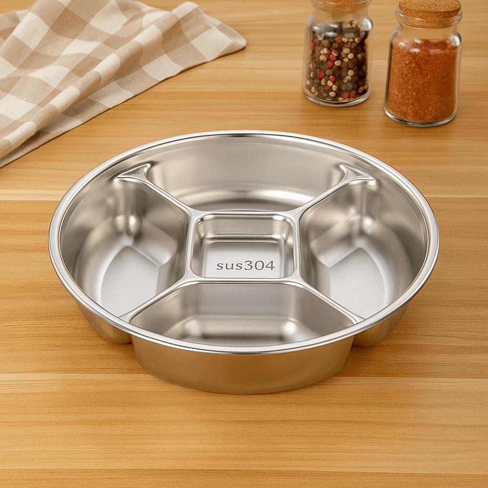 Wielofunkcyjna taca do przygotowywania żywności ze stali nierdzewnej 304, odporna na upadki, okrągła taca obiadowa, taca na 5 rodzajów dodatków, dla dzieci