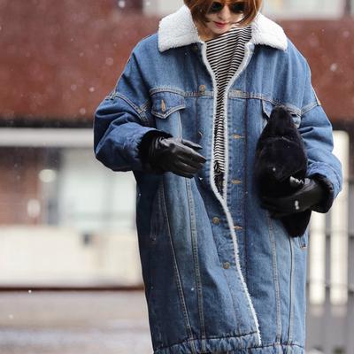 Denim Jacket Women Thick Fur Warm Winter Autumn Wool Lining Long Basic Jeans Coat Bomber Outerwear