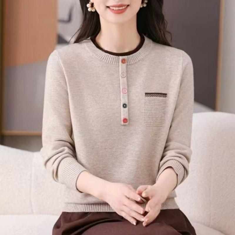 Crew Neck Women's Sweater Loose and Versatile Fashion Autumn New Temperament Pullover Color Buckle Knitted Bottoming Shirt Tide