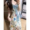Women's French V-Neck Floral Sling Dress - Fairy Style Summer Resort A-line, High Waist, Long and Slimming