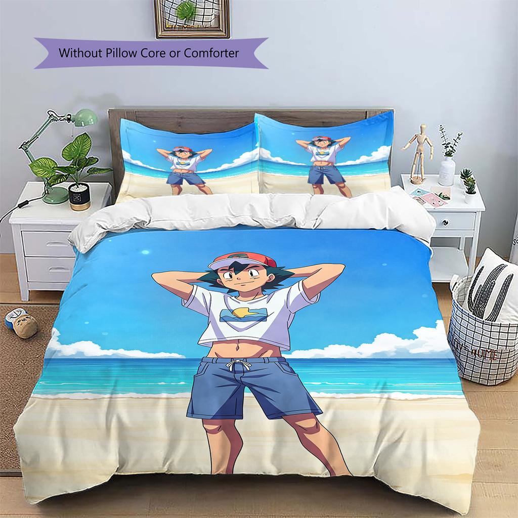 Pokémon Pattern Bedding Home Decoration Birthday Gift (1 * Duvet Cover + 2 * Pillowcase, Without Core)