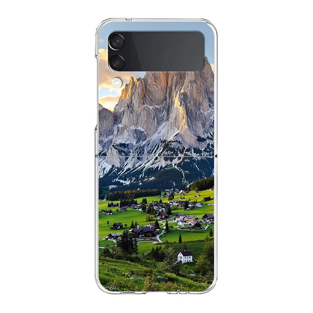 Transparent Phone Case For Samsung Galaxy Z Flip 3 4 5 6 7 Hard Folding PC Z Flip3 Flip4 Cover Mountain Peaks Landscape