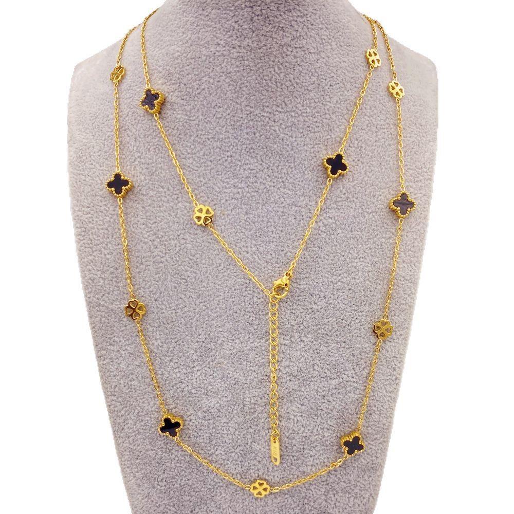 

Titanium Steel 9mm Four-leaf Clover Necklace Women s Long Sweater Chain 90cm Fashion Necklace 9mm double-sided black shell