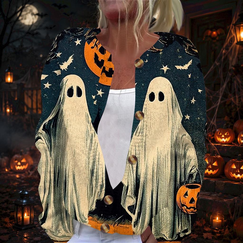Women's Long Sleeve Knit Cardigan with Halloween Print Button Front
