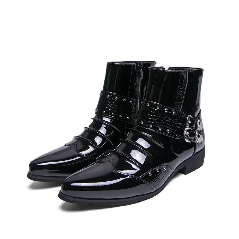 Men s Autumn Shiny Pointed Toe High-Top Chelsea Leather Boots - British Style, Formal or Casual. 45 чёрный