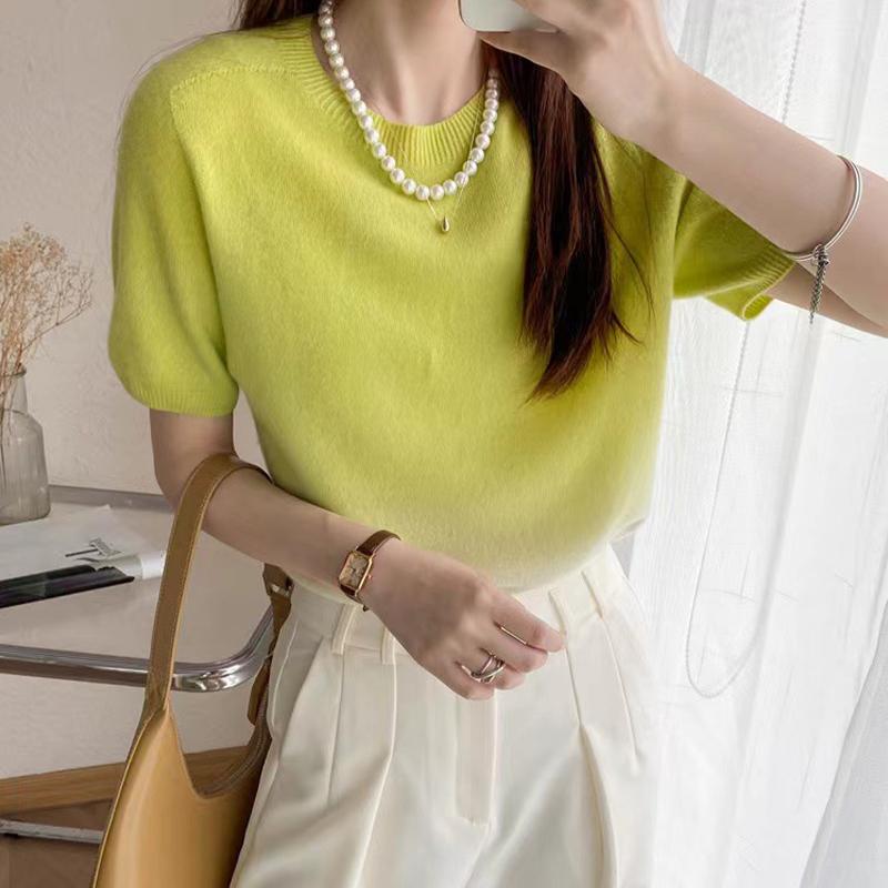 Women's Tops Gradient Colour Short Sleeve Knit Sweater Round Neck Loose Bottom Shirt