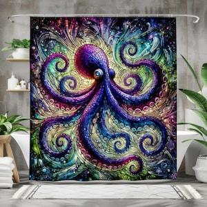 Tenda da Doccia Polpo Vetro Colorato - Decorazione Nautica Artistica, Tessuto di Alta Qualità, Multitaglia Con Anelli