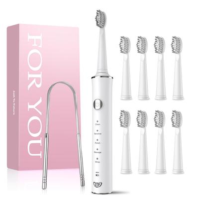 JTF Electric Toothbrush with 5 Modes, 8 Replacement Brush Tips, 2-Minute Timer, and 45 Days of Use On a Single Charge, IPX7 Waterproof, White