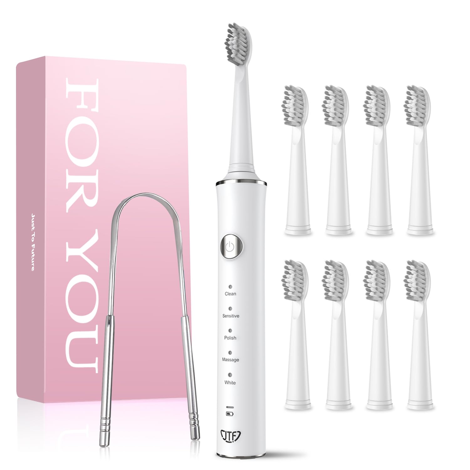 

JTF Electric Toothbrush with 5 Modes, 8 Replacement Brush Tips, 2-Minute Timer, and 45 Days of Use on a Single Charge, IPX7 Waterproof, White