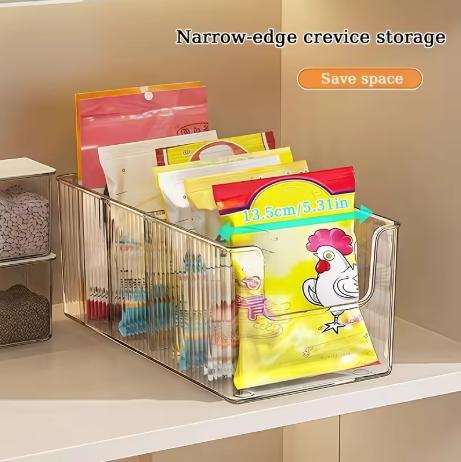 Clear Acrylic Kitchen Organizer Bin with Detachable Dividers Ribbed Pantry Storage Basket for Spices Snacks Cabinet