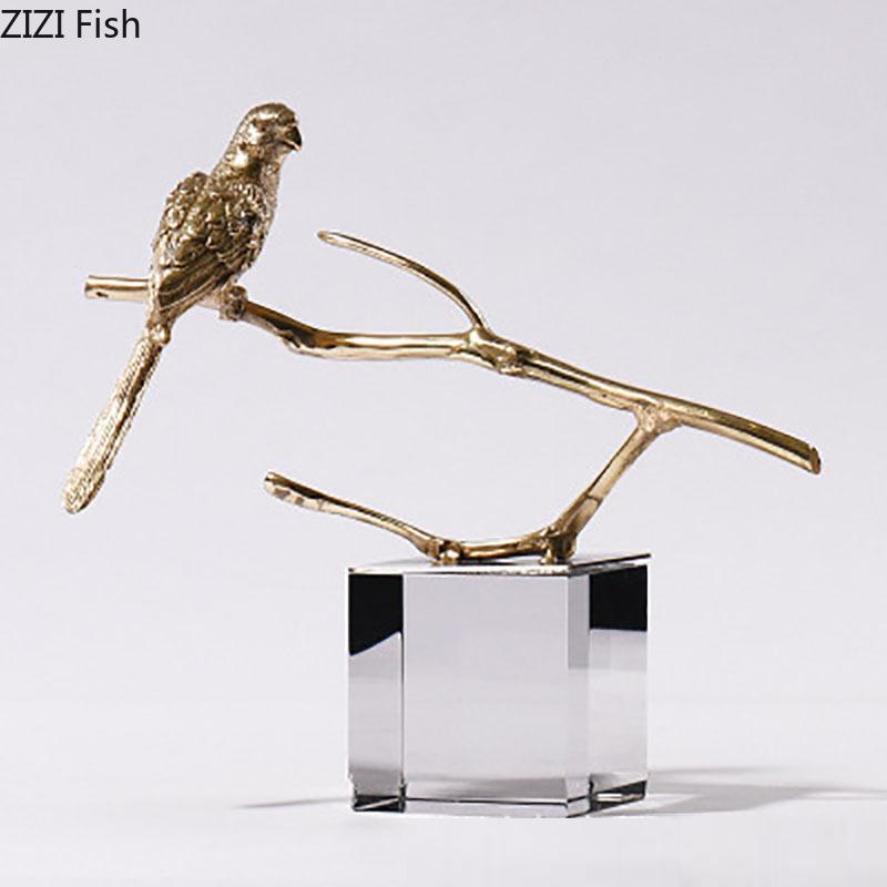 Crystal Base Copper Bird Crafts Creative Ornaments Desk Decoration Gold-plated Birds Statue Crystal Artwork Room Aesthetic Decor