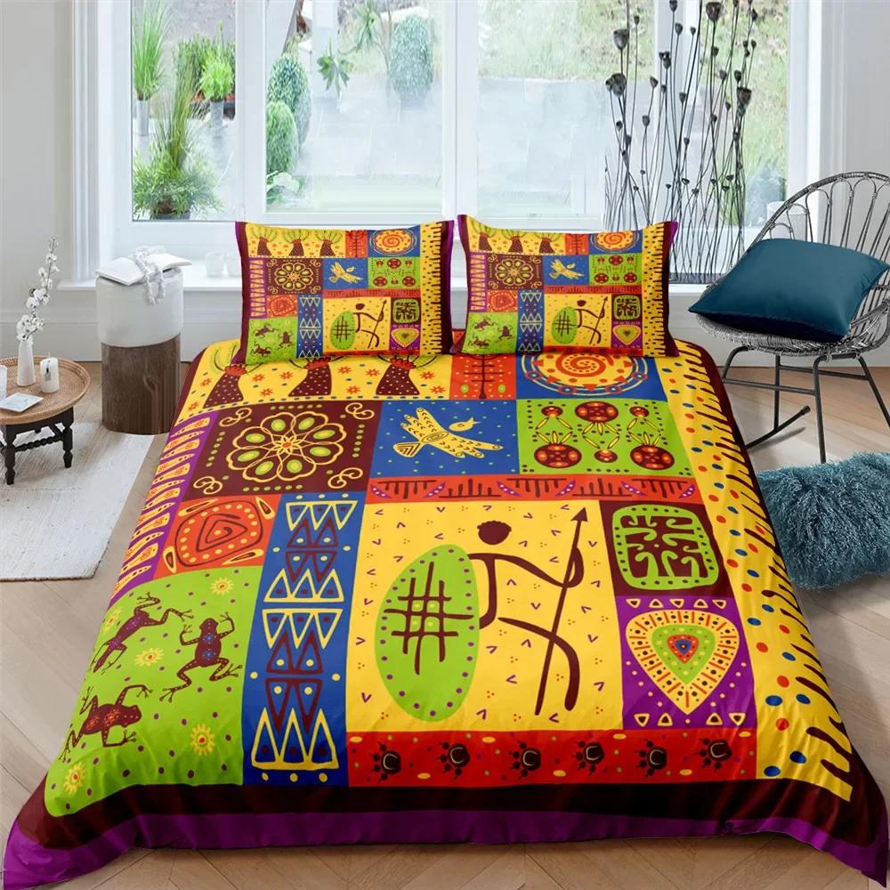 Afrikanisches Ethno-Bettwäsche-Set Orange Böhmischer Stil Bettbezug King Queen Vintage Frau Polyester Bettdeckenbezug für Teenager Erwachsene