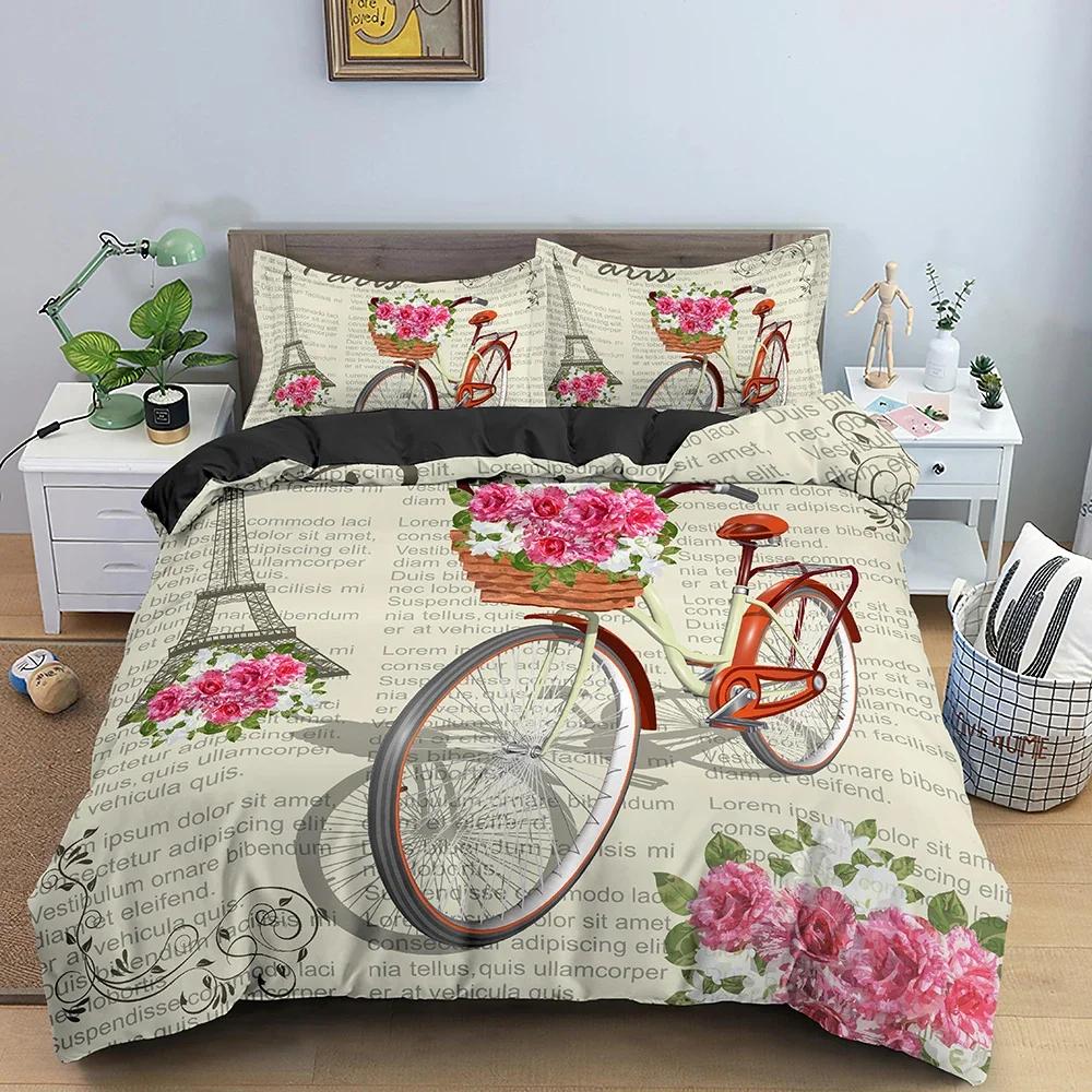 Eiffel Tower Bedding Set Romantic Style Duvet Cover Set With Pillowcase King Queen Size Comforter Cover for Valentine's Day