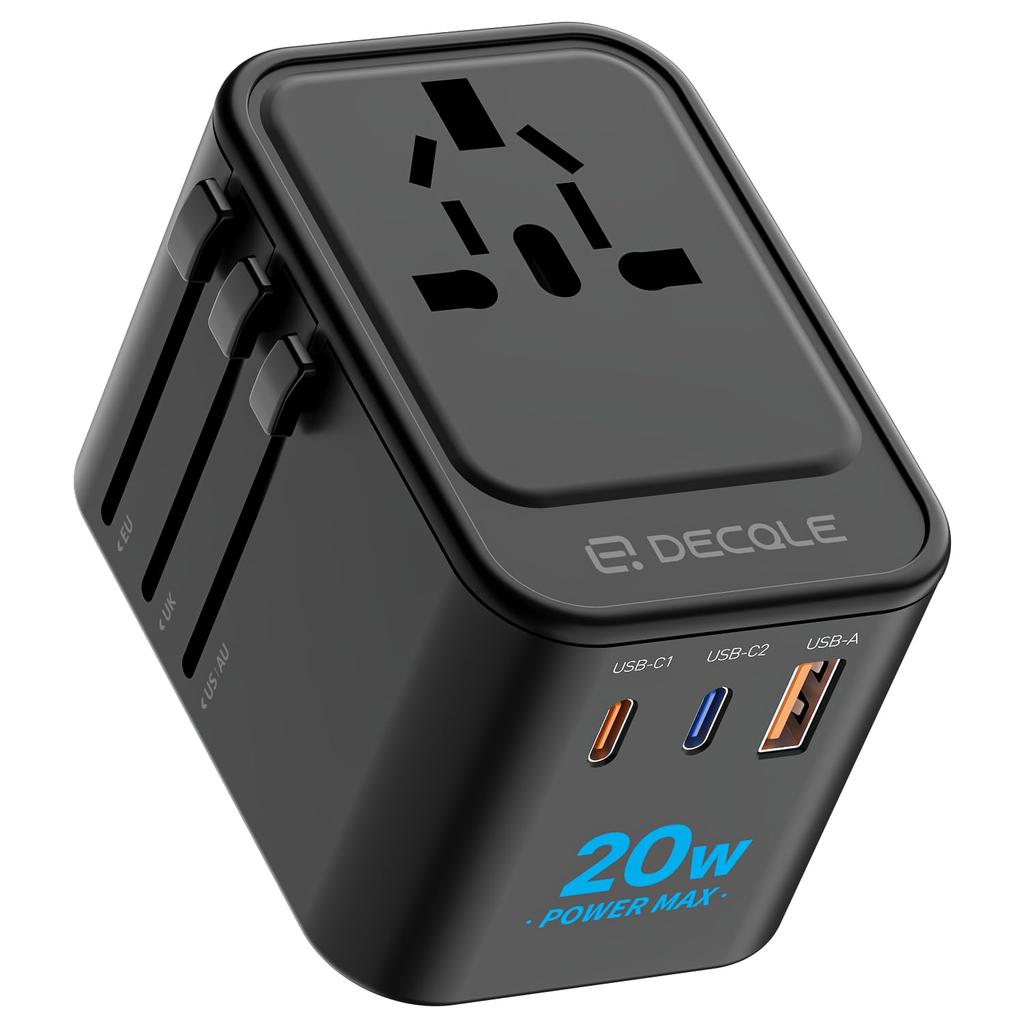 decqle International Adapter Converter with 2 Fast and 1 Charges 4 Devices Worldwide Compatible with Countries Including the and Travel Compatible