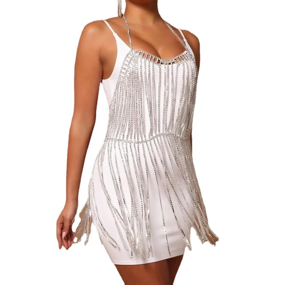 Dropshipping Sexy Club Nightclub Party Dance Crystal Bling Rhinestone Chain Tassel Halter Body Chain Dress Set