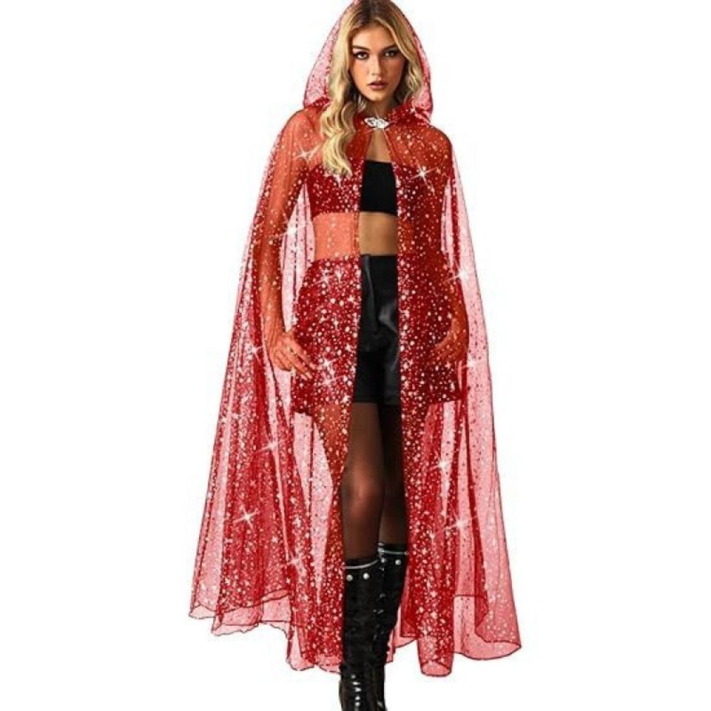 

Creative Gift with Oversized Hood Star Tulle Cape Lace-up Black Color Halloween Hooded Cloak Vintage Overcoats