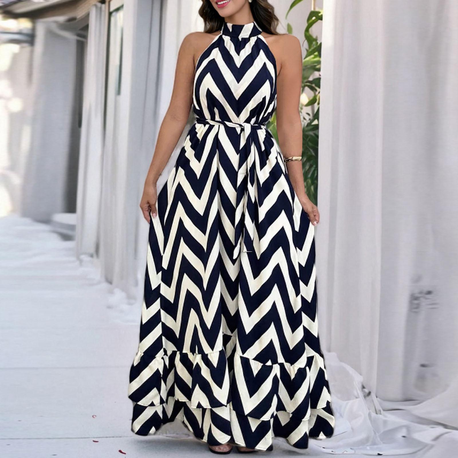 

Женские модные сексуальные платья без рукавов с воротником-стойкой и полосатым принтом XL белый