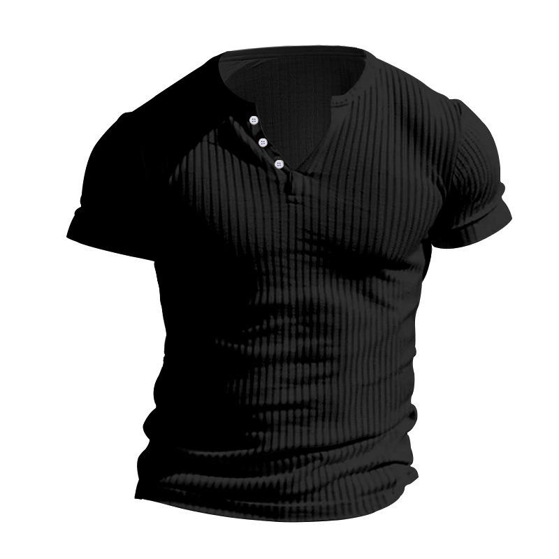 

Men Ribbed Henley T Shirt Slim Fit Short Sleeve Button Up Casual Top S чорний