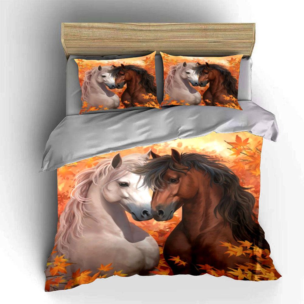 Autumn Horses Decorative Set Soft Skin-Friendly Bedding Set Includes 1 Duvet Cover And 2 Pillowcase Gift