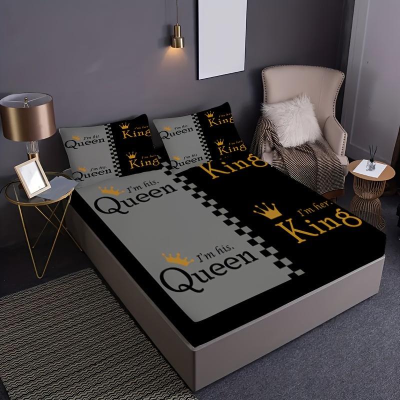Queen King Golden Crown Couple Print Fitted Sheet Set 1* Fitted Sheet+2*Pillowcases Mattress Cover Soft Breathable Bedding Set