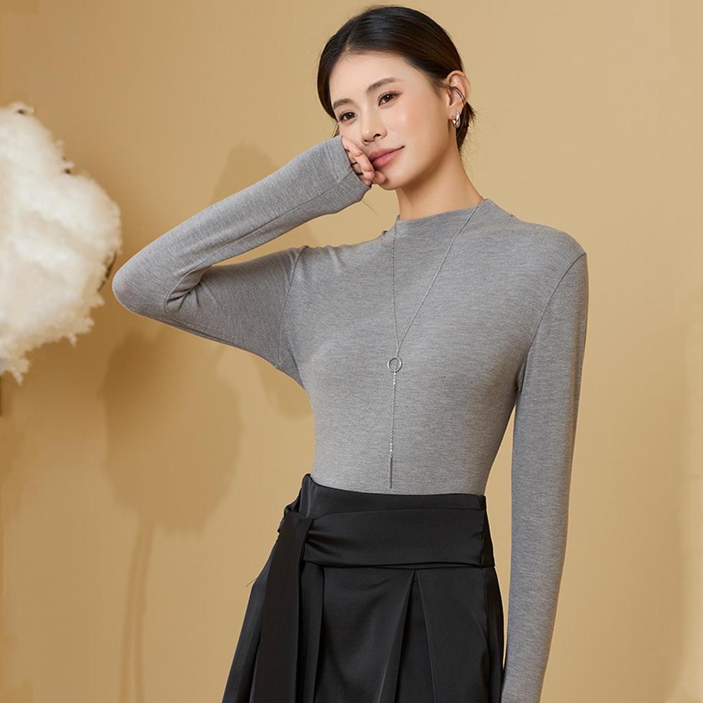 Women's Tencel Wool Acetate High Elastic Stand Collar Slim Fit Long Sleeve Base Layer Top for Autumn/Winter Warmth.