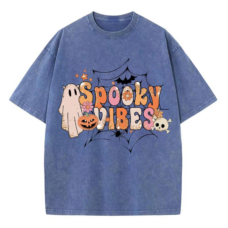 SPOOKY VIBES Monogram Print Halloween Women's T-Shirt Summer Unisex Wash Cotton Short Sleeve Loose Top American Vintage