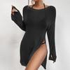 New Side Knitted Split-ended Smock Loose Bikini with One-word Neck Long-sleeved Beach Smock for Women