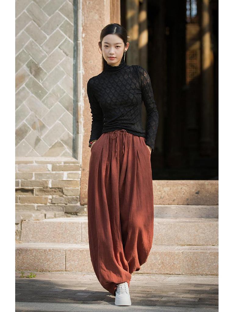 Spodnie damskie typu lampion z bawełny i lnu z elastyczną talią – wiosenno-letnie spodnie casualowe