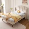 Polsterbett 90*200 mit Lattenrost und Kopfteil, Jugendbett, Einzelbett, Holzlattenrost-Unterstützung, Einfache Montage, Samt, Beige