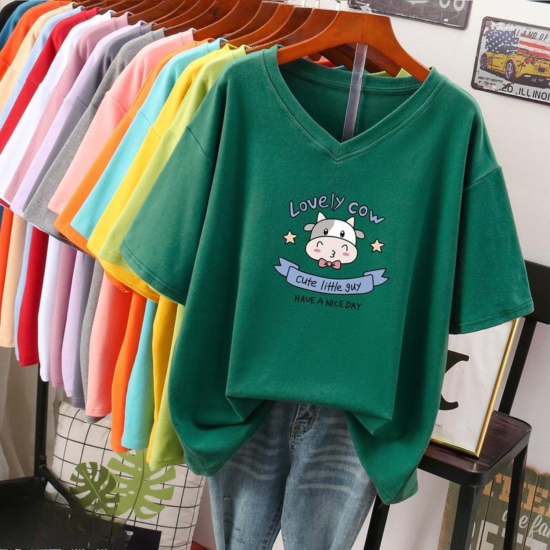 Short-sleeved T-shirt, Loose-fitting, Slimming Printed V-neck Top for Women