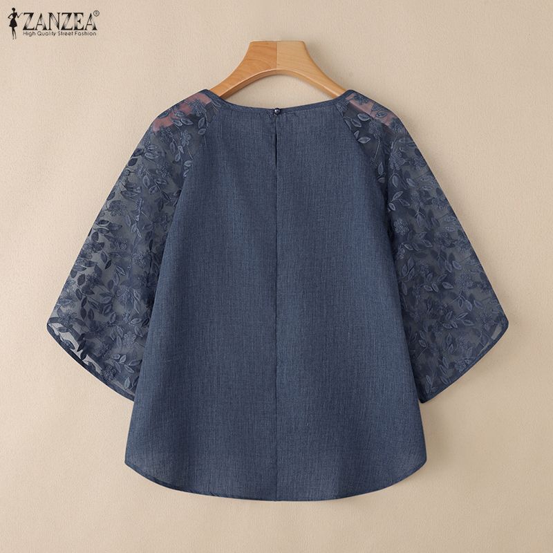 ZANZEA Kvinner Casual Mesh Spleis 3/4 Erme Løs O-hals Bluse