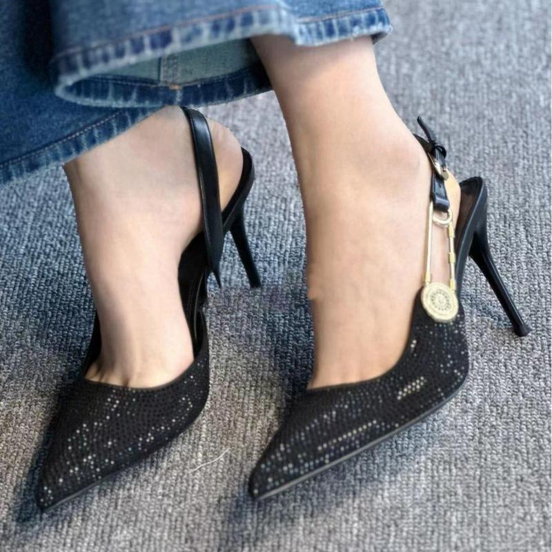 Fashion Luxury Rhinestones Sequined Buckle Women Pumps Elegant Pointed toe Slingbacks Stiletto High heels Spring Summer Fashion Shoes