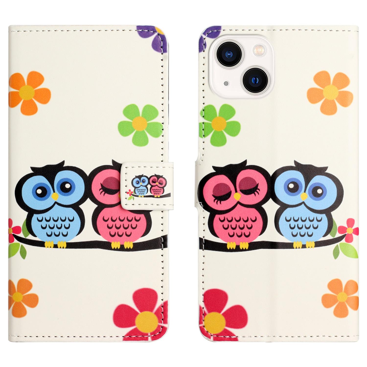 

For iPhone 15 Pattern Printing Flip Case PU Leather Stand Wallet Phone Cover Couple Owls