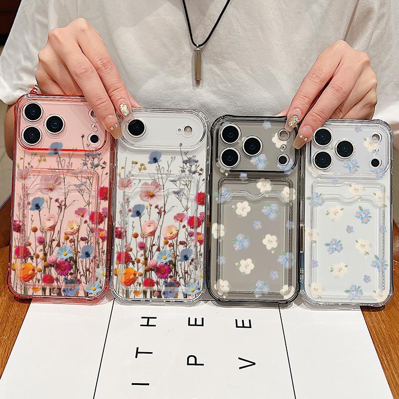 Silicone Cover For iPhone 16 Pro Max Funda iPhone 17 Air 15 14 13 12 Pro Max 11 colorful Small Flowers Pattern Case Insert the card Silicone Cover