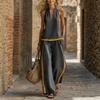 Women's Loose Two-Piece Halter V Neck Sleeveless Top High Waist Color Block Wide Leg Pants