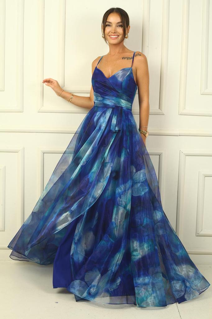 Kadın İp Askılı Arkası Bağcıklı Önü Drapeli Çiçekli Organze Uzun Elbise