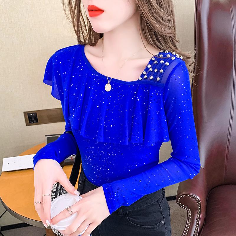 

Весенний сетчатый топ с длинными рукавами 2025 года с оборками и нестандартным воротником Large синий