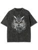 Distressed Black Graphic Tee Retro Wild Owl Yellow Eyes Print Casual Oversized Top