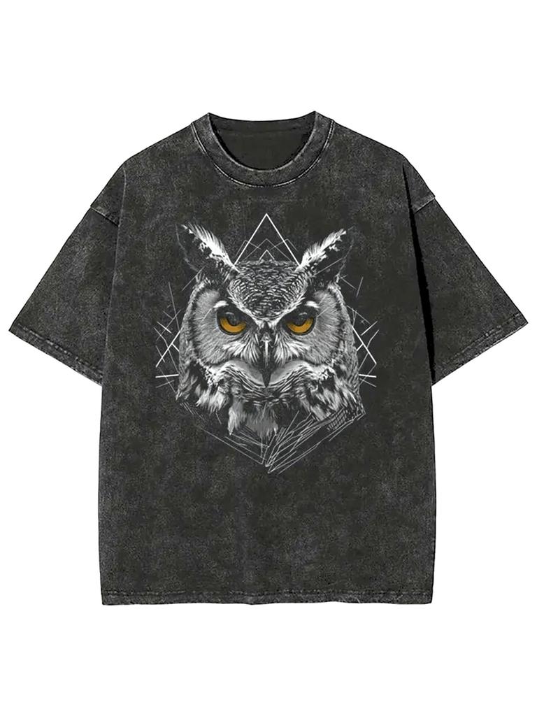 Distressed Black Graphic Tee Retro Wild Owl Yellow Eyes Print Casual Oversized Top