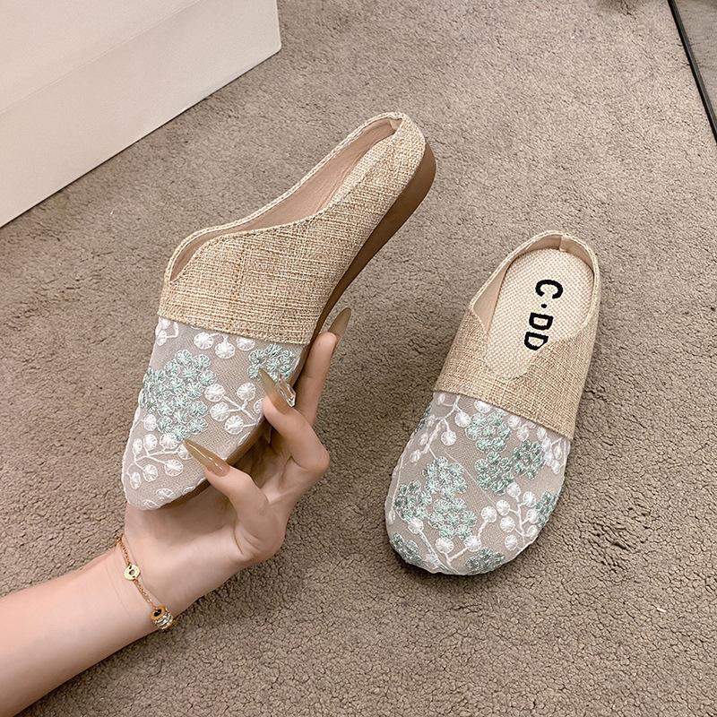 Halbschuhe Damen Taschenkopf Oberbekleidung Sommer 2025 neue Leinen Fischer Schuhe ein Pedal Lazy flache Sandalen