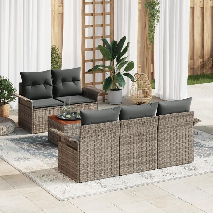 VidaXL Ensemble de canapé de jardin 6 pièces avec coussins gris en poly rotin en acacia 3347265