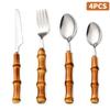Set de tacâmuri cu mâner din bambus natural, veselă din oțel inoxidabil, tacâmuri de bucătărie, include furculițe, linguri, cuțite și veselă