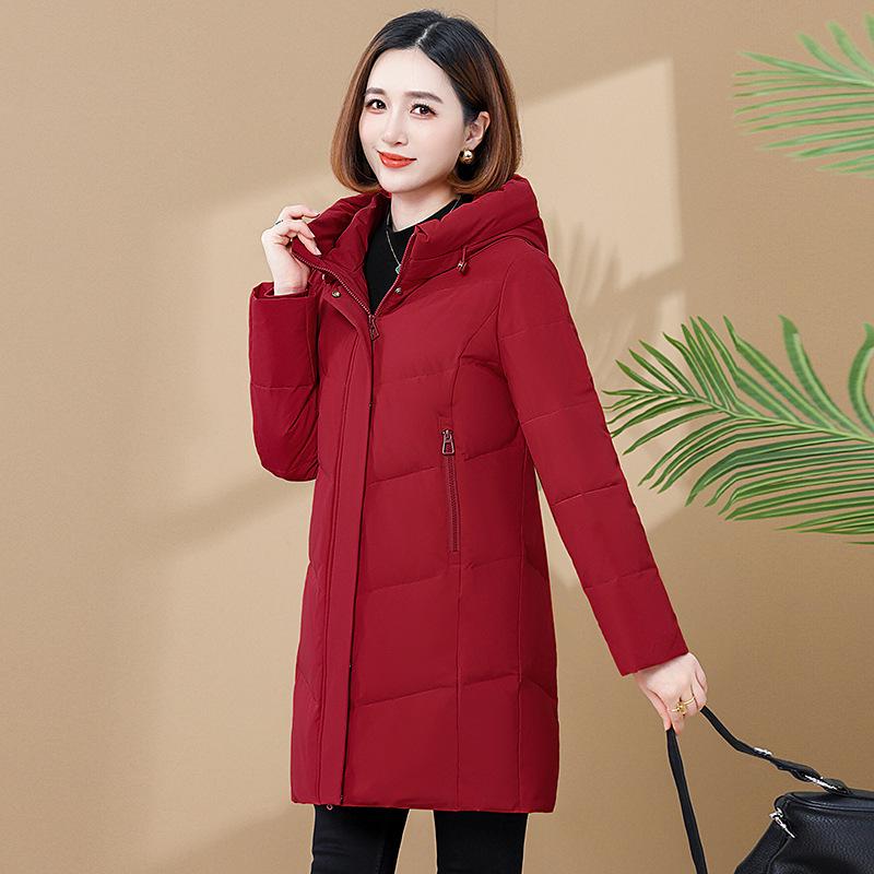 2025 Women's Mid-Length White Duck Down Jacket: High-End Slim Fit, Warm, Hooded Coat for Middle-Aged Moms