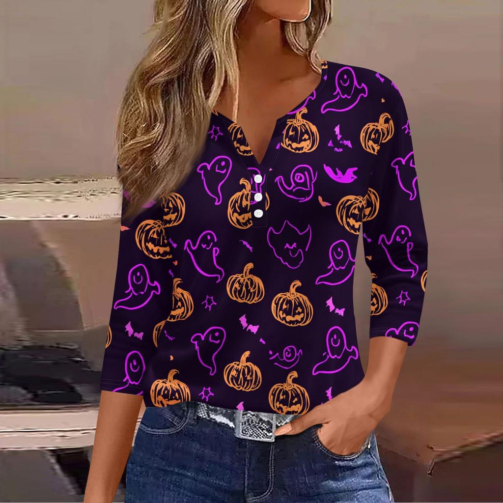 Women's Casual Fashion V-neck Loose Versatile Halloween Print Three-quarter Sleeve Top